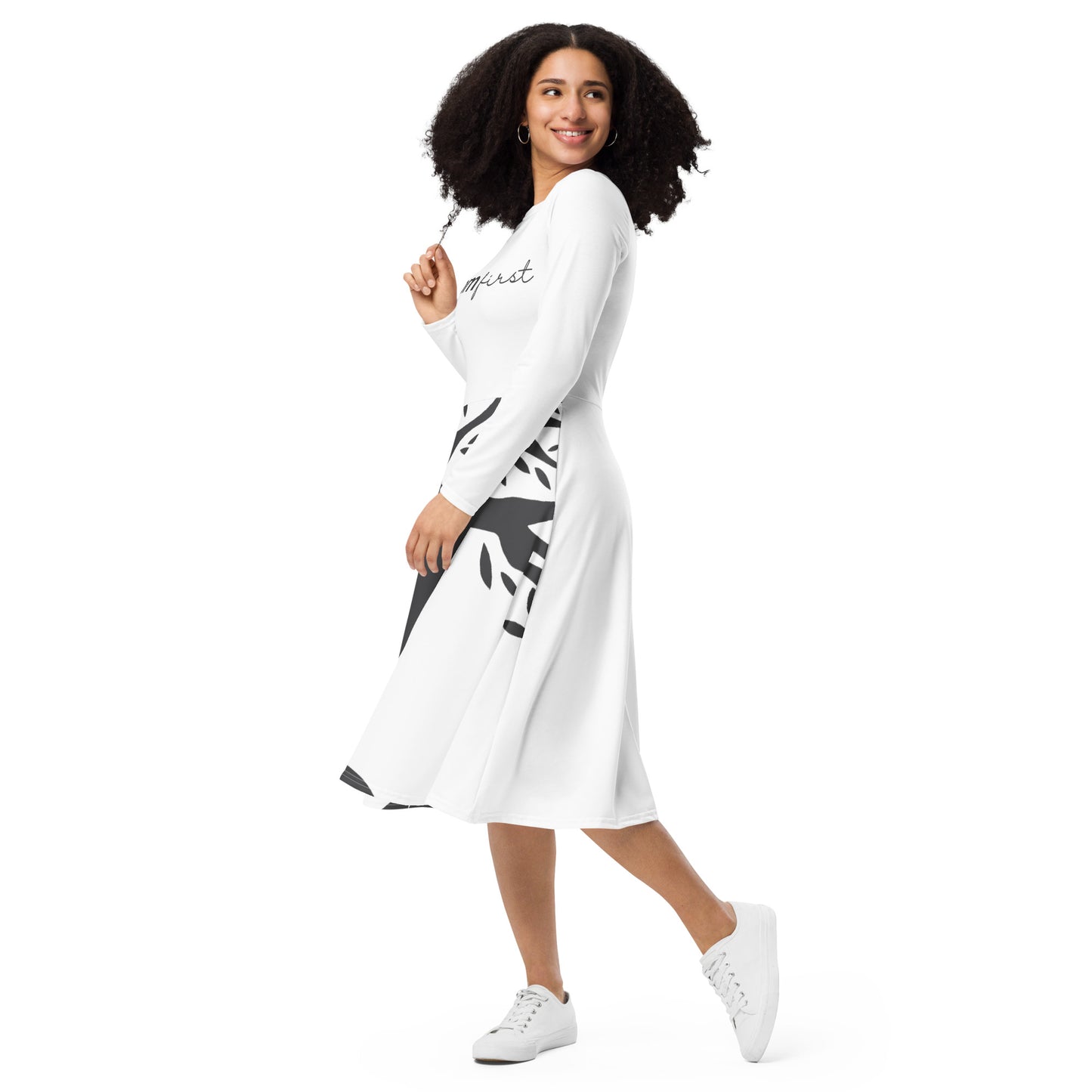 All-over print long sleeve midi dress