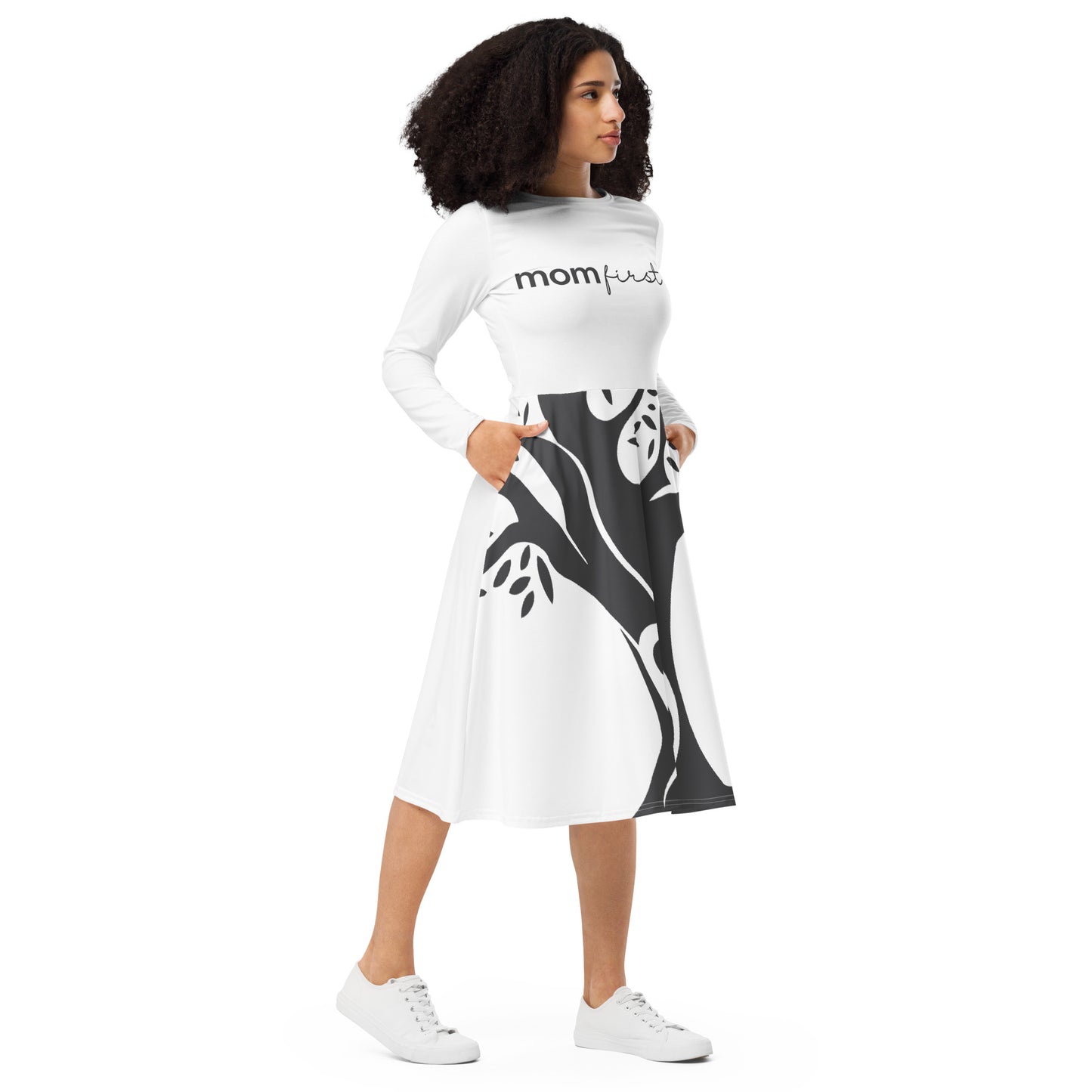 All-over print long sleeve midi dress